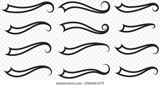 Swoosh line icon, underline swish, stroke swash swirl, curly hand drawn text calligraphic brush tail, black fireworks vector set isolated on white background. Doodle decorative illustration. EPS 10.