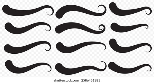 Swoosh line icon, underline swish, stroke swash swirl, curly hand drawn text calligraphic brush tail, black fireworks vector set isolated on white background. Doodle decorative illustration. EPS 10.