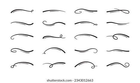Swoosh line vector icon, underline swish, stroke swash swirl, curly hand drawn text calligraphic brush tail, black fireworks set isolated on white background. Doodle decorative illustration