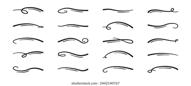 Swoosh Linie Vektor, Unterstrich Swish, Strich Swash Swirl, lockiger handgezeichneter Text kalligraphischer Pinselschwanz, schwarzes Feuerwerk Icon Set isoliert auf weißem Hintergrund. Doodle dekorative Illustration