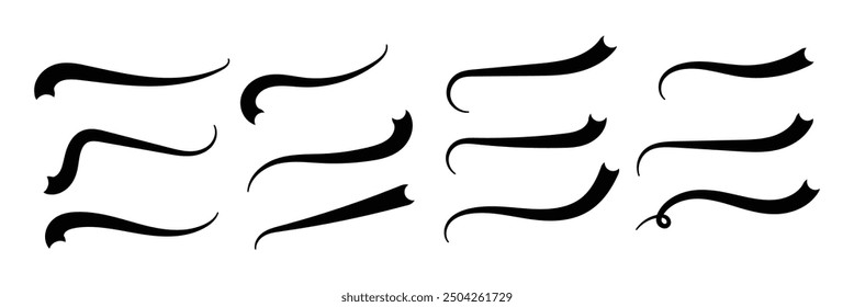 Swoosh line vector, underline swish, stroke swash swirl, curly hand drawn text calligraphic brush tail, black fireworks icon set isolated on white background. Doodle decorative illustration in eps 10.