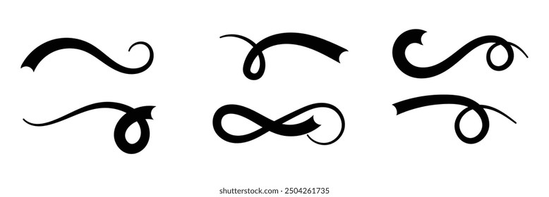 Swoosh line vector, underline swish, stroke swash swirl, curly hand drawn text calligraphic brush tail, black fireworks icon set isolated on white background. Doodle decorative illustration in eps 10.