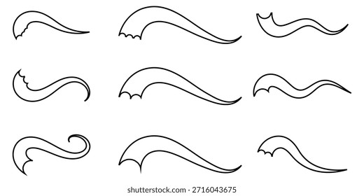 Swoosh línea Vector, subrayado swish, golpe swash remolino, rizado dibujado a mano texto cola de pincel caligráfico, juego de iconos de fuegos artificiales negros. ilustración en eps 10.
