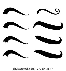 Swoosh line vector, underline swish, stroke swash swirl, curly hand drawn text calligraphic brush tail, black fireworks icon set. illustration in eps 10.