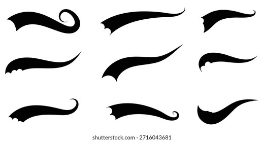 Swoosh line vector, underline swish, stroke swash swirl, curly hand drawn text calligraphic brush tail, black fireworks icon set. illustration in eps 10.