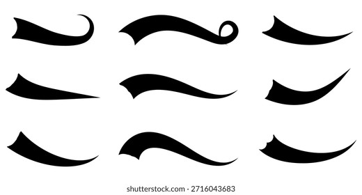 Swoosh vetor de linha, sublinhado swish, swash swirl traçado, desenho à mão encaracolada texto caligráfico pincel cauda, conjunto de ícone de fogos de artifício preto. ilustração em eps 10.
