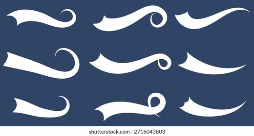 Swoosh line vector, underline swish, stroke swash swirl, curly hand drawn text calligraphic brush tail, black fireworks icon set. illustration in eps 10.