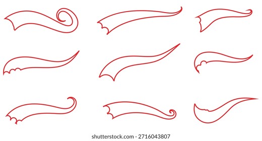 Swoosh line vector, underline swish, stroke swash swirl, curly hand drawn text calligraphic brush tail, black fireworks icon set. illustration in eps 10.