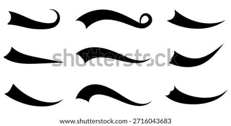 Swoosh line vector, underline swish, stroke swash swirl, curly hand drawn text calligraphic brush tail, black fireworks icon set. illustration in eps 10.