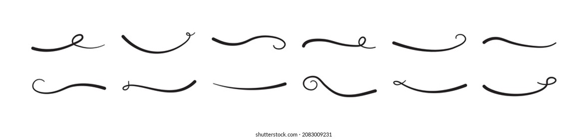 Swoosh And Swash, Swish Vector Line Icon, Black Underline Set, Hand Drawn Swirl And Curly Text Elements. Doodle Retro Collection  Isolated On White Background