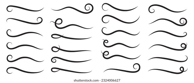Swoosh and swash, swish vector line icon, black underline set, hand drawn swirl and curly text elements. Doodle retro collection isolated on white background.