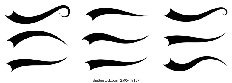 Swoosh and swash tails line collection. Swooshes text tail for baseball design. Sport logo typography elements. Swash and swoosh tails icon set. Vector illustration. EPS 10