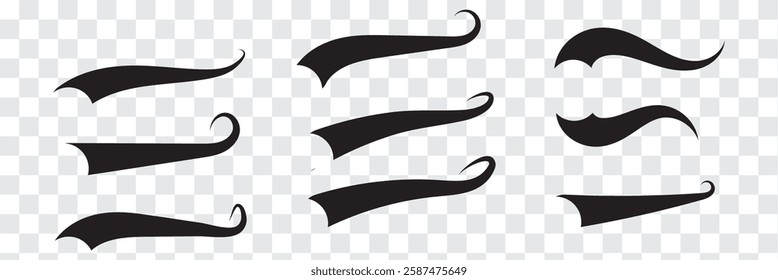 Swoosh and swash tails line and flat collection. Swooshes text tail for baseball design. Sport logo typography elements. Vector illustration.