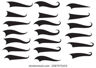 Swoosh and swash tails line and flat collection. Swooshes text tail for baseball design. Sport logo typography elements. Vector illustration.