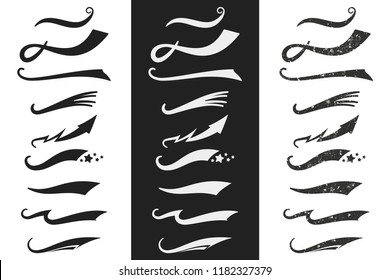 Swoosh, Swash, Text Tail And Underline Vector Set Isolated On Black And White Background.