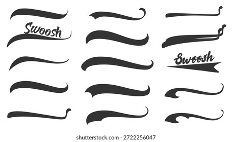 Swoosh and swash typography tail shapes with dynamic retro wave lines. Collection of baseball script swooshes, tails, and underlines. Vintage typographic design elements for logos and branding to emphasize lettering for sports t-shirts, baseball caps and athletic branding.