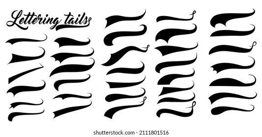 Swoosh And Swash Typography Tails Shape. Underline Retro Swoop Wave Line For Athletic Tshirt. Vector Strockes Set.