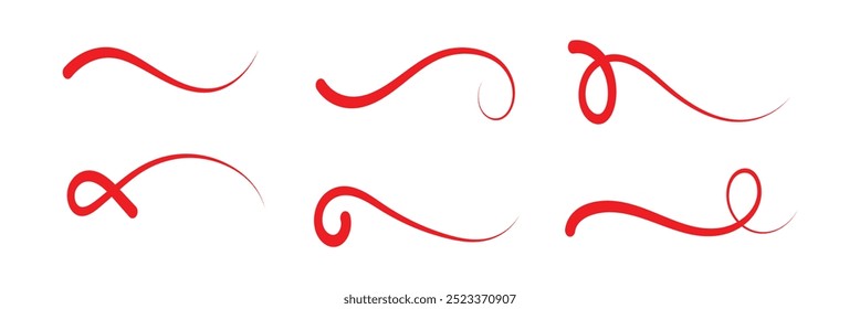 Swoosh and swash typography tails shape. Underline retro swoop wave line for athletic tshirt. Vector strockes set in red color in eps 10.