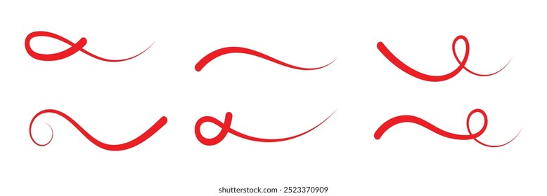 Swoosh and swash typography tails shape. Underline retro swoop wave line for athletic tshirt. Vector strockes set in red color in eps 10.