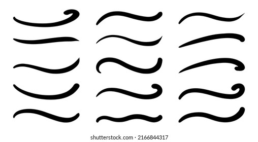 Swoosh, swash underline stroke set. Hand drawn swirl swoosh underline calligraphic element. Vector illustration.