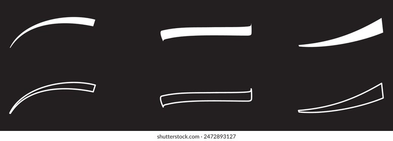 Juego de trazos de subrayado de barra inclinada. Dibujado a mano en espiral resaltan el elemento caligráfico. Ilustración vectorial.