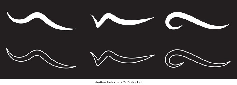 Swoosh, swash underline stroke set. Hand drawn swirl swoosh underline calligraphic element. Vector illustration.
