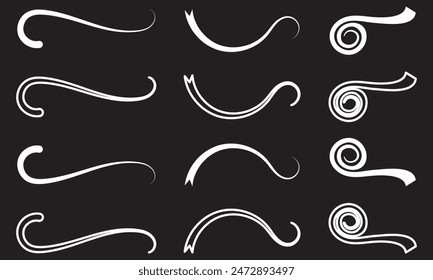 Swoosh, swash underline stroke set. Hand drawn swirl swoosh underline calligraphic element. Vector illustration.