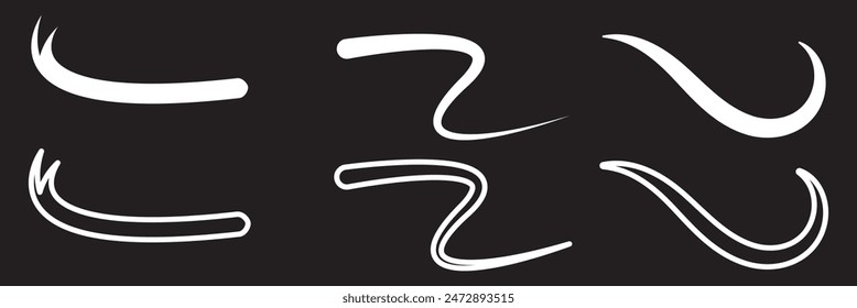 Swoosh, swash underline stroke set. Hand drawn swirl swoosh underline calligraphic element. Vector illustration.