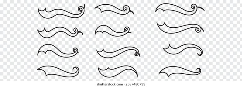 Swoosh, swash underline stroke set. Hand drawn swirl swoosh underline calligraphic element. Vector illustration. Variety Design. Eps10