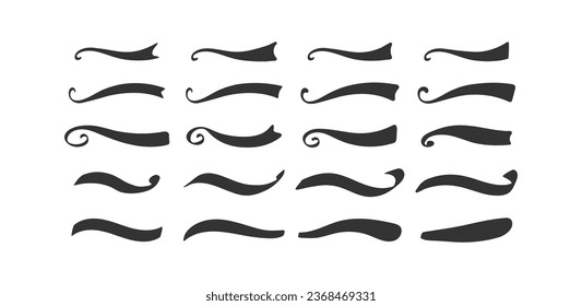 Swoosh and swoops double underline typography tails shapes. Brush drawn thick curved smears. Hand drawn collection of curly swishes, swashes, squiggles. Vector calligraphy doodle swirls. icons set