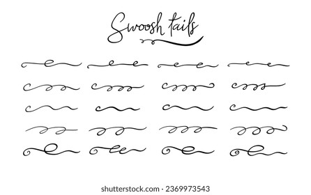 Swoosh and swoops double underline typography tails shapes. Brush drawn thick curved smears. Hand drawn collection of curly swishes, swashes, squiggles. Vector calligraphy doodle swirls. icons set