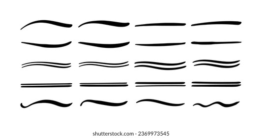 Swoosh and swoops double underline typography tails shapes. Brush drawn thick curved smears. Hand drawn collection of curly swishes, swashes, squiggles. Vector calligraphy doodle swirls. icons set