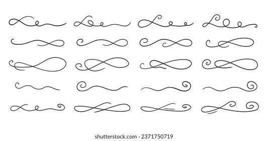 Swoosh and swoops double underline typography tails shapes. Brush drawn thick curved smears. Hand drawn collection of curly swishes, swashes, squiggles. Vector calligraphy doodle swirls. icons set