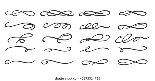 Swoosh and swoops double underline typography tails shapes. Brush drawn thick curved smears. Hand drawn collection of curly swishes, swashes, squiggles. Vector calligraphy doodle swirls. icons set