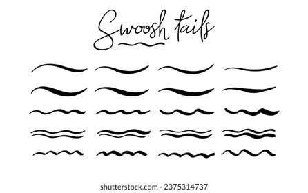 Swoosh and swoops double underline typography tails shapes. Brush drawn thick curved smears. Hand drawn collection of curly swishes, swashes, squiggles. Vector calligraphy doodle swirls. icons set