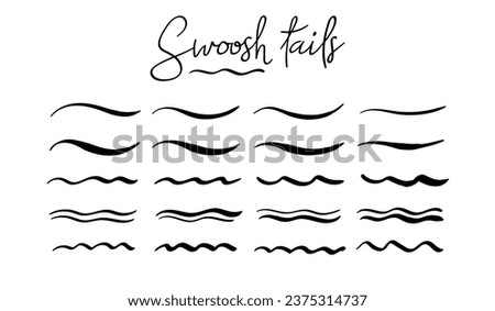 Swoosh and swoops double underline typography tails shapes. Brush drawn thick curved smears. Hand drawn collection of curly swishes, swashes, squiggles. Vector calligraphy doodle swirls. icons set