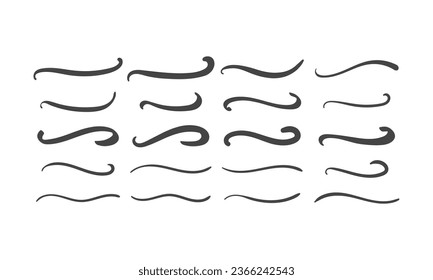 Swoosh and swoops underline typography tails shapes. Brush drawn thick curved smears. Hand drawn collection of curly swishes, swashes, squiggles. Vector calligraphy doodle swirls. Vector  icons