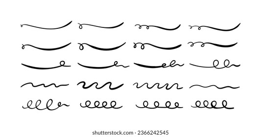 Swoosh and swoops underline typography tails shapes. Brush drawn thick curved smears. Hand drawn collection of curly swishes, swashes, squiggles. Vector calligraphy doodle swirls. Vector  icons