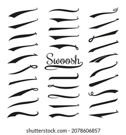 Swoosh tails. Retro swooshes, typography curly font tail. Sport vintage text decoration, lettering banners. Underline accent tidy vector collection