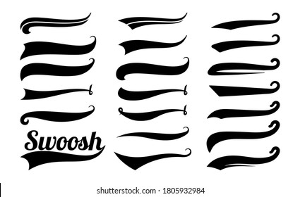 Swoosh Tails. Swirl Sport Typography Element, Isolated Curly Text Pennants. Black Retro Calligraphy Strokes Or Ornament Designs Vector Set