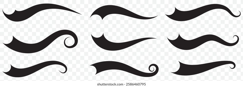 Swoosh tails. Swirl sport typography element, isolated curly text pennants. Black retro calligraphy strokes or ornament designs set. Swish typography font elements for athletics, baseball. EPS 10. 