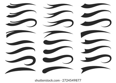 Swoosh tails and vector underlines for baseball team logo. Vintage lines shapes. Brush strokes decorations. Retro curve accent strokes on white background