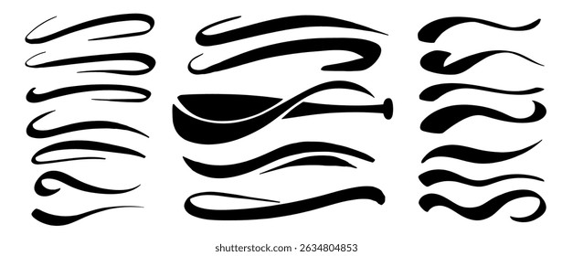 Swoosh text tails and swash underline shapes set in vintage style. Hand-drawn swirl strokes, curly lines, and typography elements for baseball and sports decoration. Vector illustration