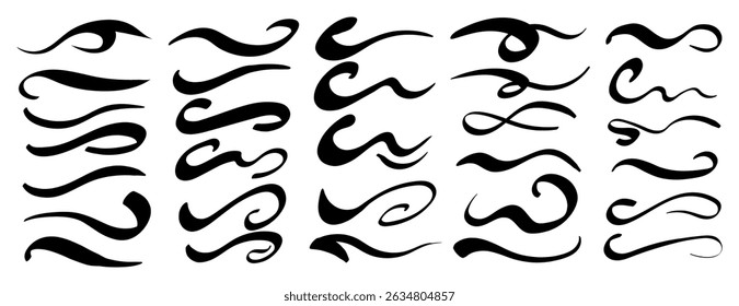 Swoosh text tails and swash underline shapes set in vintage style. Hand-drawn swirl strokes, curly lines, and typography elements for baseball and sports decoration. Vector illustration