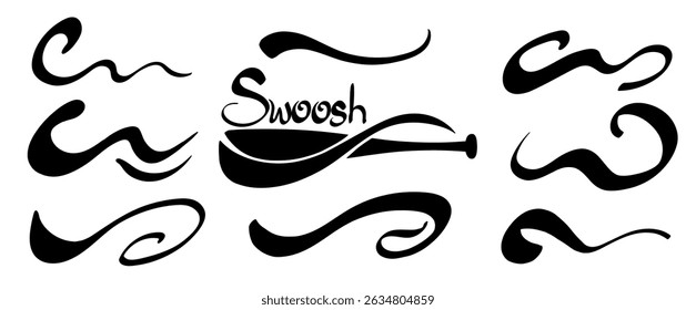 Swoosh text tails and swash underline shapes set in vintage style. Hand-drawn swirl strokes, curly lines, and typography elements for baseball and sports decoration. Vector illustration