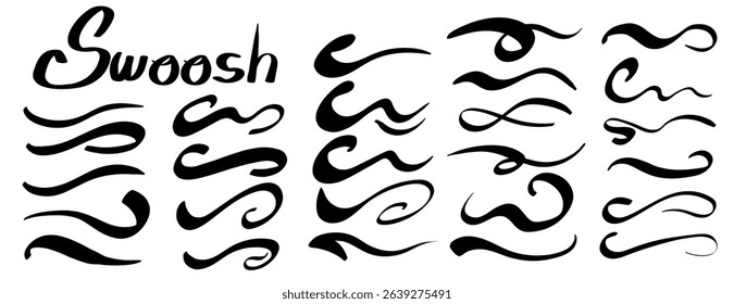 Swoosh text tails and swash underline shapes set in vintage style. Hand-drawn swirl strokes, curly lines, and typography elements for baseball and sports decoration. Vector illustration