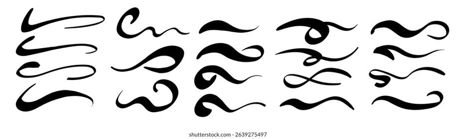 Swoosh text tails and swash underline shapes set in vintage style. Hand-drawn swirl strokes, curly lines, and typography elements for baseball and sports decoration. Vector illustration