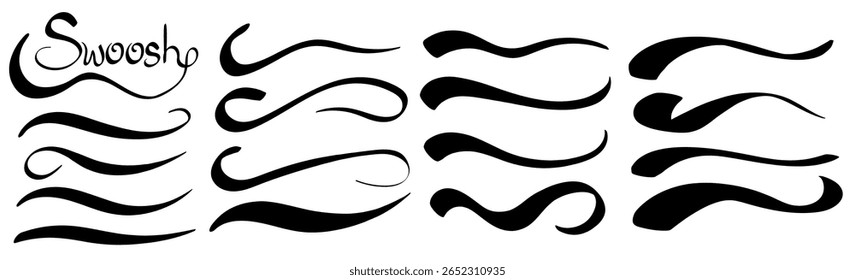 Swoosh text tails and swash underline shapes set in vintage style. Hand-drawn swirl strokes, curly lines, and typography elements for baseball and sports decoration. Vector illustration
