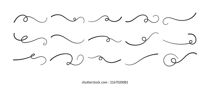 Swoosh Underline Hand Drawing Set. Calligraphic Inscriptions Emphasize The Curved Line. Vector Typography Elements. Collection Of Black Brush Strokes Isolated On White Background. Ornament Of Tails.