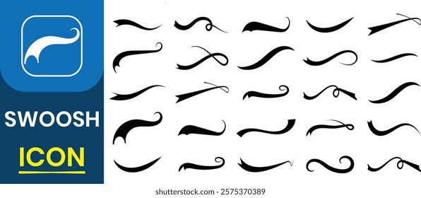 Swoosh vector icon set. Swoosh silhouette, curve line, curly swoosh tails, sporty plume vector illustration.